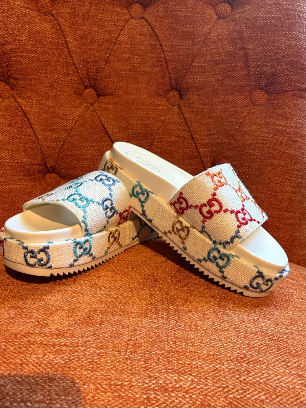 Gucci Angelina Multicolor GG Logo Platform Slides Sandals